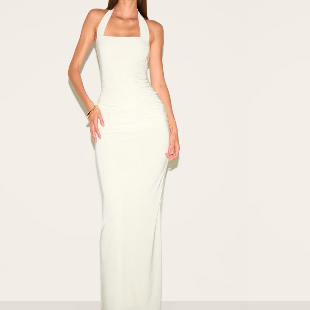 CREAM DOUBLE LAYER SLINKY SQUARE HALTERNECK DRAPE DETAIL MAXI DRESS